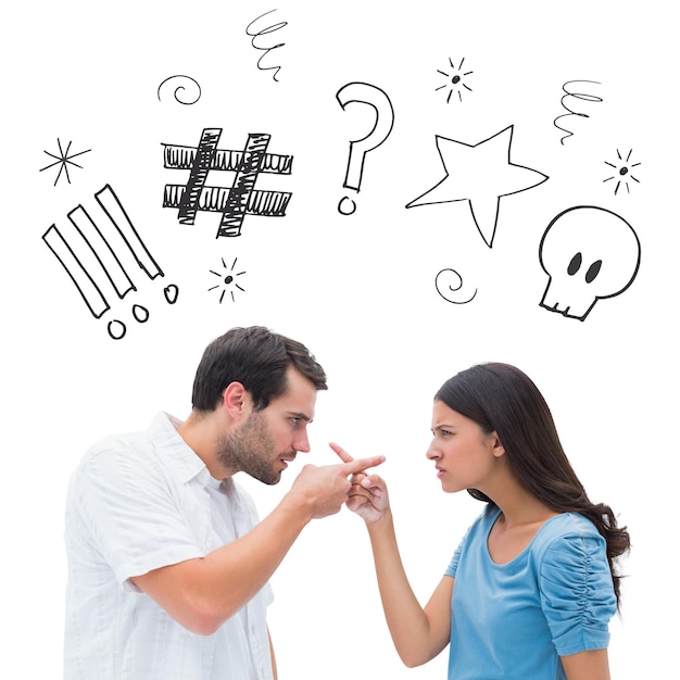 Composite image of angry couple pointing at each other