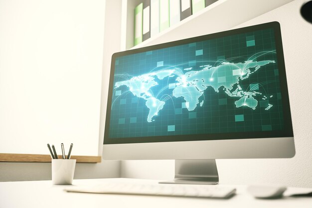 Computer monitor with abstract graphic digital world map with connections globalization concept 3D Rendering