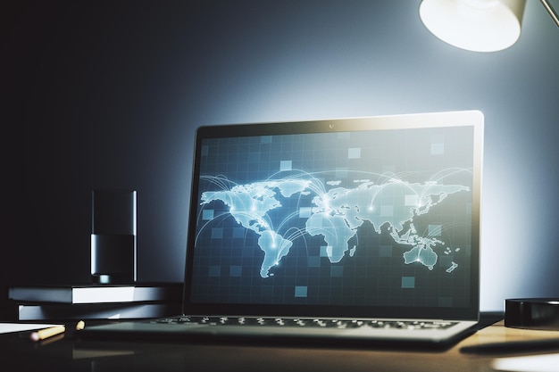 Computer monitor with abstract graphic digital world map with connections globalization concept 3D Rendering