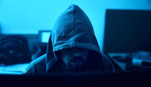 computer night hoodie or neon hacker hacking database software online server or man password phishing blue ransomware developer cybersecurity programming or hidden programmer coding malware code