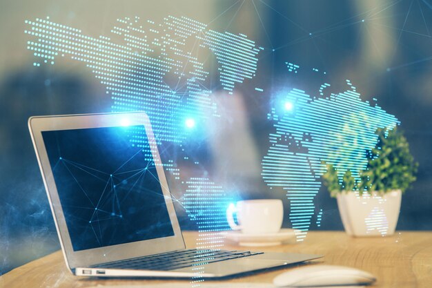computer on desktop with social network theme icon multi exposure concept of international connections