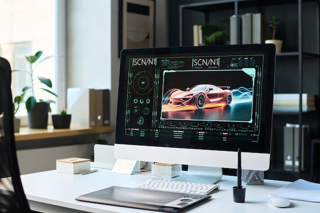 Computer screen with concept of racing car