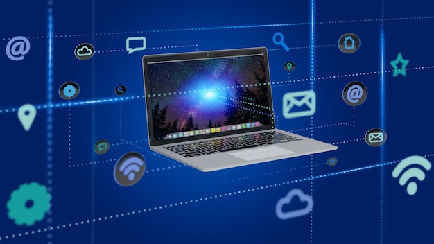 Computer surrounding by app and social icon - 3d render 