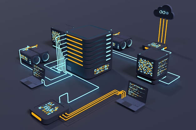 computer technology 3d illustration computation of big data center cloud computing online devices upload and download information modern 3d illustration 3d rendering