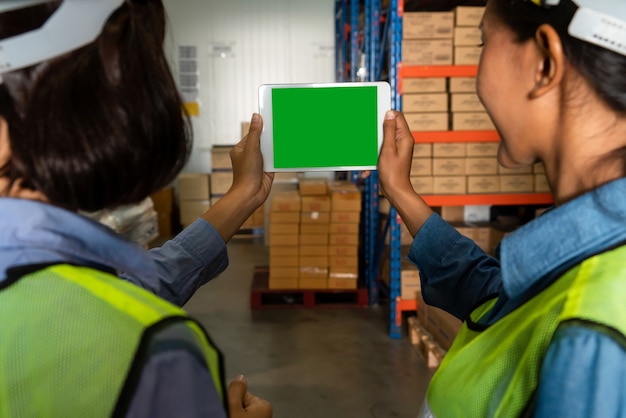 Computer with green screen display in warehouse storage room