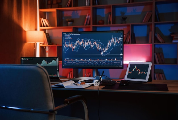 Computer with stock exchange graph on display is in the dark room with neon lighting