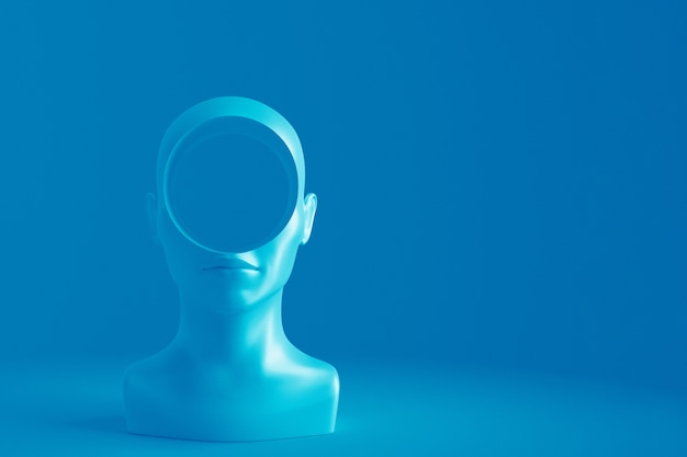 concept art on education and problem solving. porcelain female head with a round hole in it.3d illustration