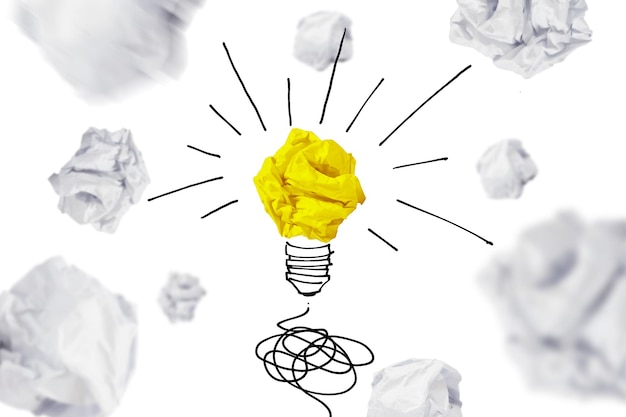 Concept creative idea with yellow paper ball and any concept is white paper ball