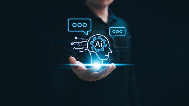 Concept Humans work with artificial intelligence humans use intelligent AI technology enter command prompt for generates to solve problems let AI help humans do their jobs