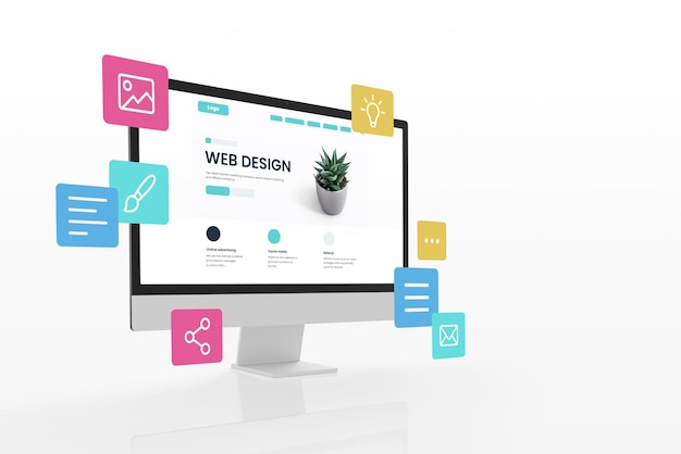 concept of assembling a web page from modules that fly around the display the web design studio concept page is on the display
