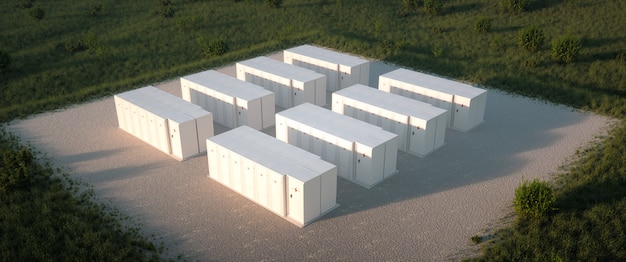 concept of renewable energy battery storage system in nature. drone isometric view. 3d rendering