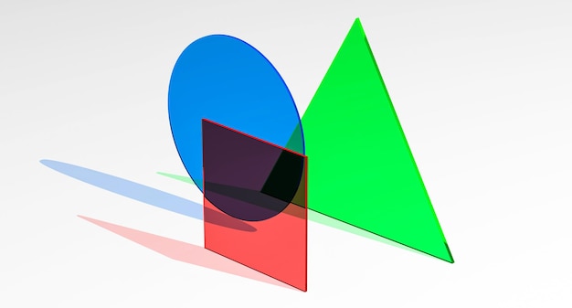 Concept triangle circle and squareGlass colored geometric objects on a white background3D render illustration