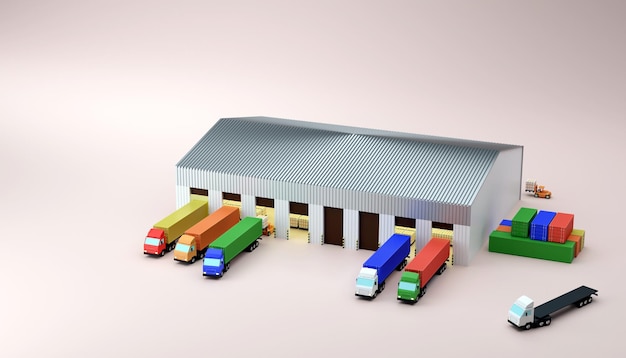 container truck park to loading or unloading cargo shipment at storehouse 3d rendering illustration