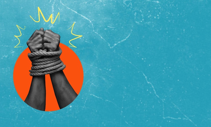 Fotografie contemporary art collage hands tied with rope on blue background with copy space