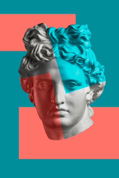contemporary art concept collage with antique sculptures head in a surreal style. modern unusual art. zine culture.