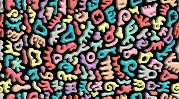 continuous seamless colorful abstract gummy shaped doodle pattern black background 3d relief