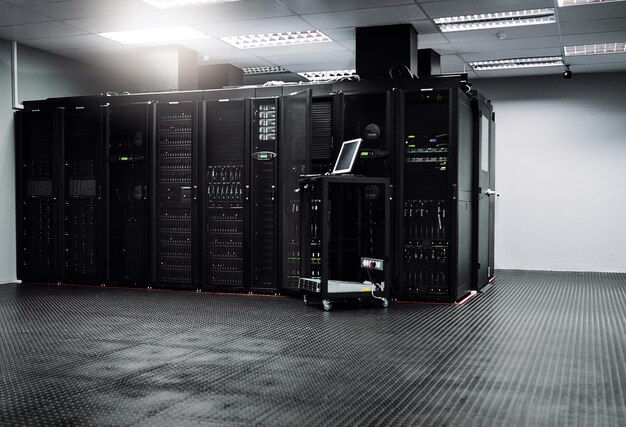 control room empty or laptop for internet connection computing network or cyber security hardware it support background information technology electronics or machine equipment in data center