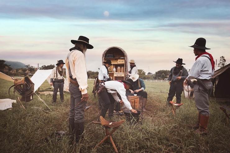 Fotografie cowboy posing shooting rifle by gun on hand to show protected weapon wearing cowboy dresser and hat