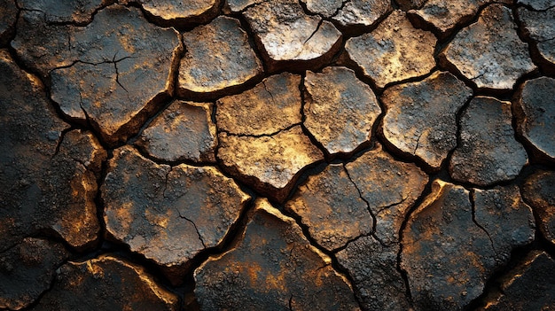 Cracked dry earth with golden light