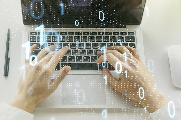 Creative abstract binary code sketch and hands typing on computer keyboard on background hacking and matrix concept Multiexposure