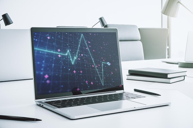 Creative abstract heart rate sketch on modern laptop monitor Medicine and healthcare concept 3D Rendering