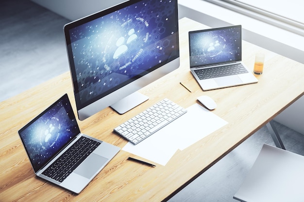creative abstract people icons hologram on modern computer monitor life and health insurance concept 3d rendering