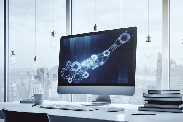 Creative abstract robotics technology sketch on modern laptop monitor future technology and AI concept 3D Rendering