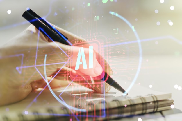 Creative artificial Intelligence symbol concept with woman hand writing in notebook on background Multiexposure