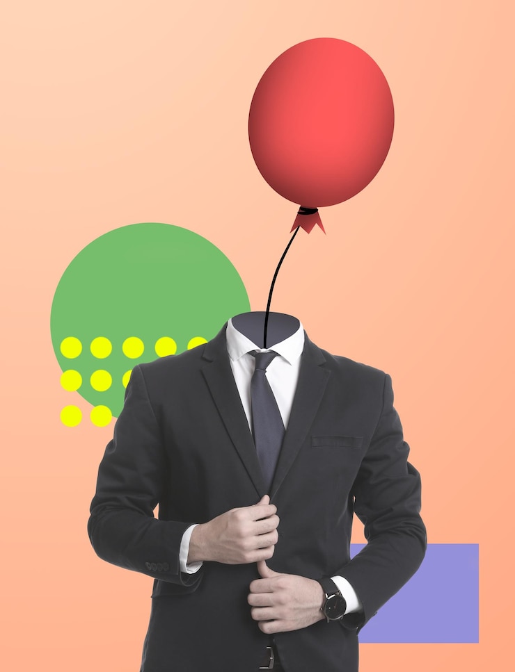 Fotografie creative artwork man with balloon instead of head on pale coral background