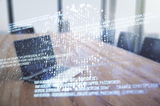 Creative concept of code skull illustration on modern laptop background Hacking and phishing concept Multiexposure