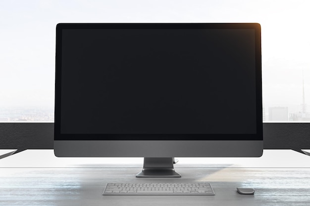 creative designer desktop with empty white computer screen and window with city view in the background workplace concept mock up 3d rendering