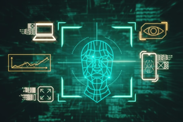 Creative face recognition control hologram on dark background Technology and smart tech concept 3D Rendering