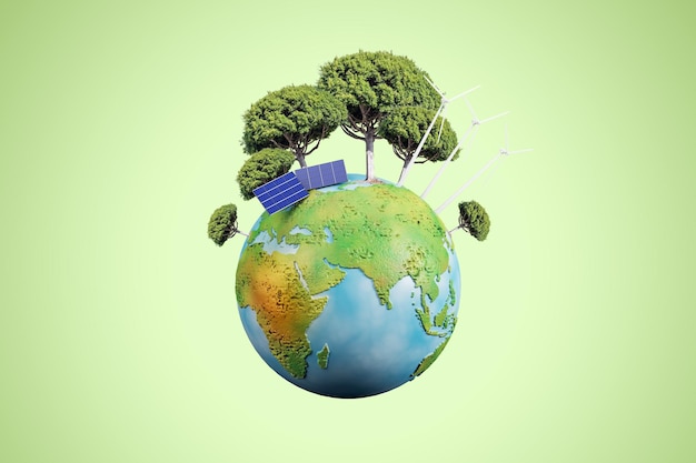 creative globe with trees and solar panels on green background energy and sustainable concept 3d rendering