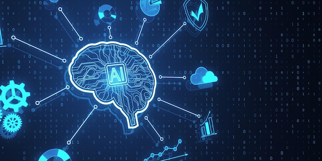 Creative glowing digital brain hologram on blurry blue backdrop with binary coding AI and futuristic hud elements 3D Rendering