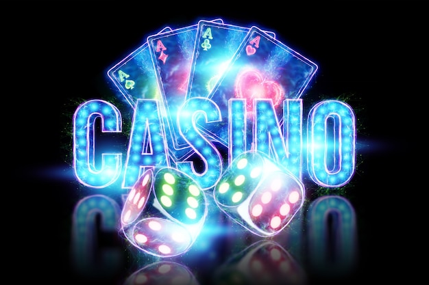 creative poker template, neon playing cards and dice design on dark background. casino concept, gambling, header for the site. copy space, 3d illustration, 3d render.