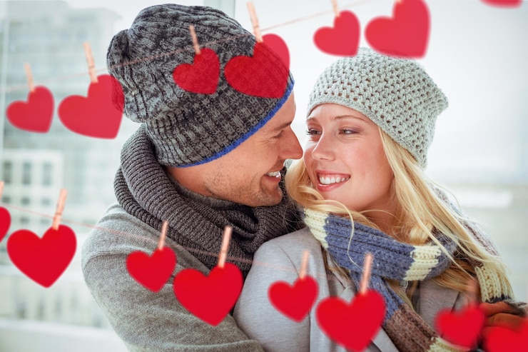 Fotografie cute couple in warm clothing smiling at each other against hearts hanging on a line