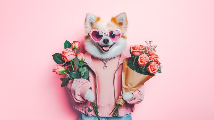 Fotografie cute funny dog holding with bouquet of roses in valentine day concept