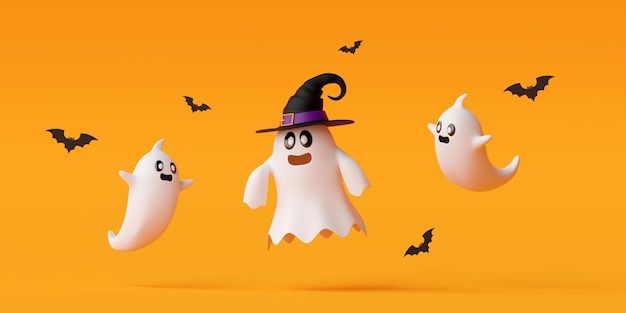 cute ghosts with bat on yellow background happy halloween day 3d illustration