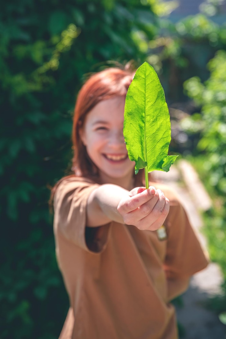 Fotografie cute girl holding a sorrel leaf in her hand healthy food greens health care vitamins diet