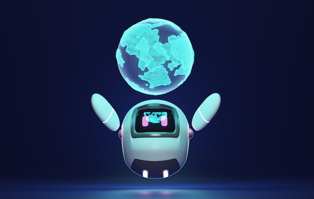 Cute robot with hologram globe Intelligent technology on purple background