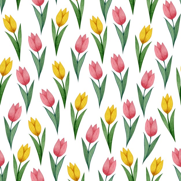 Cute spring seamless pattern in folk art Easter tulip