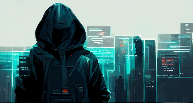 cyber attack concept of dark web hooded hacker illustation