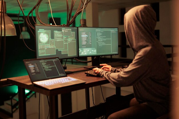 Cyber criminal cracking database password, hacking computer system, data breach. Cybercrime, woman hacker stealing electronic information, breaking into online server, coding malware