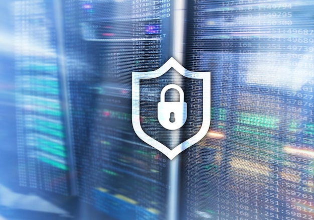 Cyber protection shield icon on server room background Information Security and virus detection
