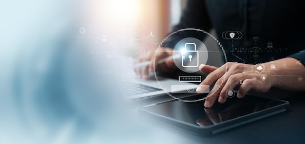 cyber security and data protection businessman using laptop internet network security protect business and financial transaction data from cyber attack user private data security encryption