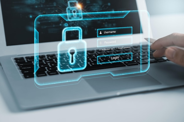 Cyber security and data protection businessman using laptop Internet network security system protecting business and financial transaction data from cyberattacks secure data encryption