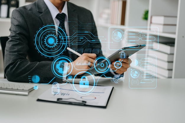 Cyber security data protection Business working on compute Intelligenc digital tablet global network connection data science digital marketing Investment global in officexA