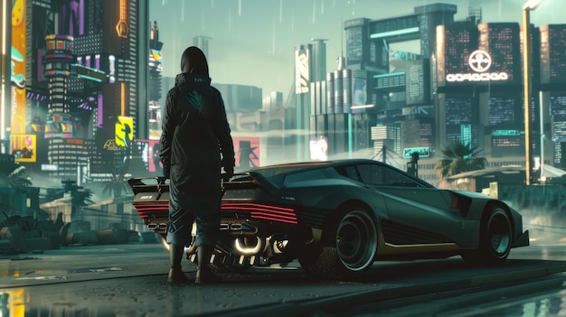 cyberpunk hoodie mysterious woman character standing behind car cyber city background wallpaper ai generated image