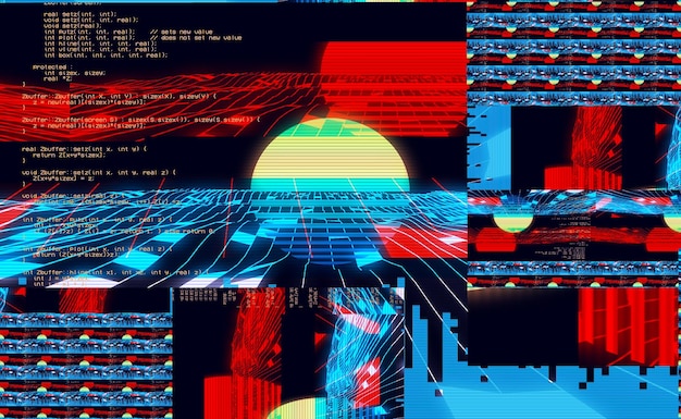Cyberspace landscape grid Old TV screen error Photo glitch The TV signal is not working Technical problems grunge wallpaper Data decomposition 3D illustration