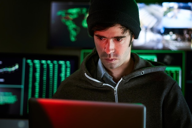 Dangerous Hooded Hackers Breaks into Government Data Servers and Infects Their System with a Virus His Hideout Place has Dark Atmosphere Multiple Displays green light
